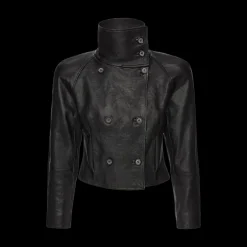 High-Collar Cropped Leather Jacket