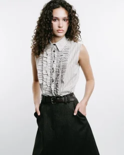 Striped Ruffle-Front Sleeveless Shirt